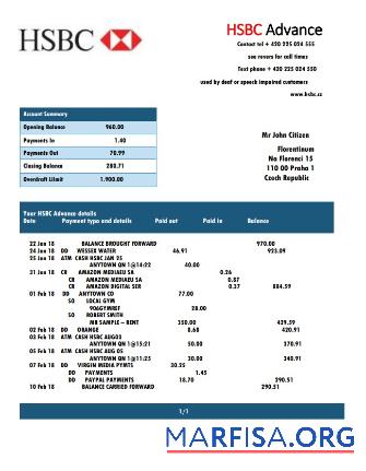 Realistic Czech HSBC bank statement word template